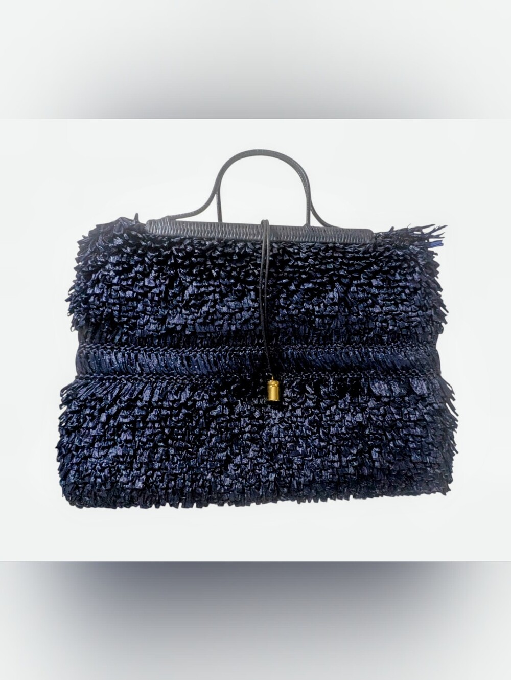 PRISTINE Vintage Barneys New York Shaggy Raffia Fringe Tote Bag – Navy Blue